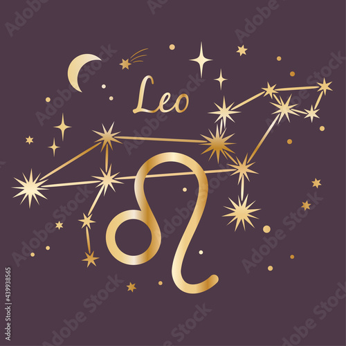 The constellation of Lion. Gold vector illustration on purple background for your design