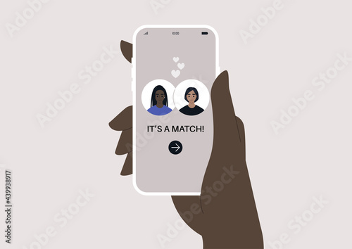 A dating app match, two avatars on a screen, online romantic lesbian relationships