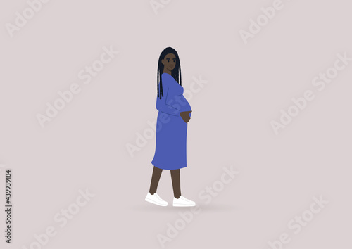 A young pregnant Black woman wearing a simple blue dress and white sneakers, modern lifestyle