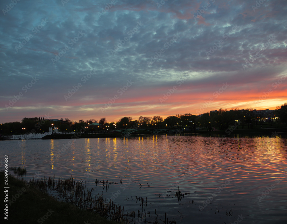 The lake in Tsaritsyno at cloudy sunset