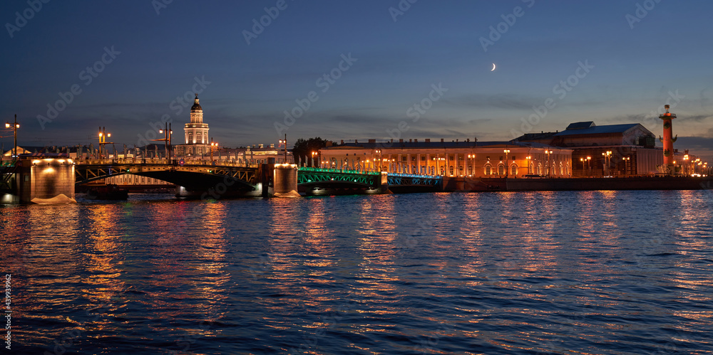 Russia, Saint Petersburg, night landscape with a view of the kunstkamera across the Neva River