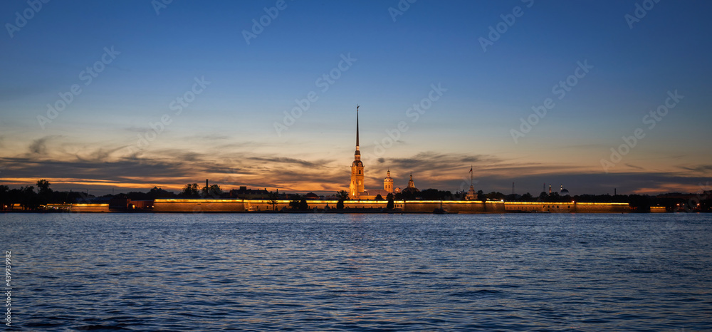 Russia, Saint Petersburg, view of the night Peter and Paul Fortress across the Neva River