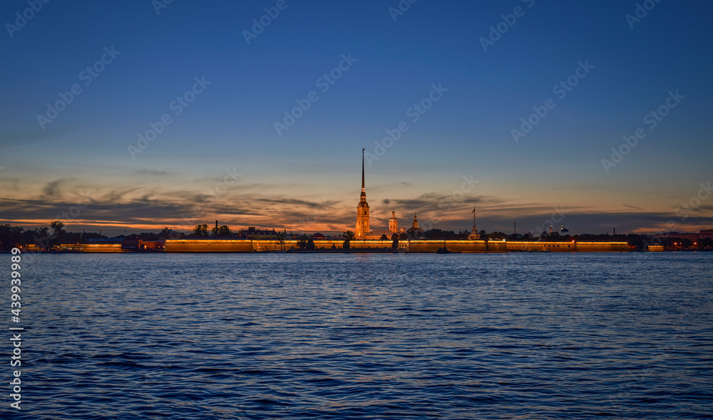Russia, Saint Petersburg, view of the night Peter and Paul Fortress across the Neva River Russia, Saint Petersburg, view of the night Peter and Paul Fortress across the Neva River