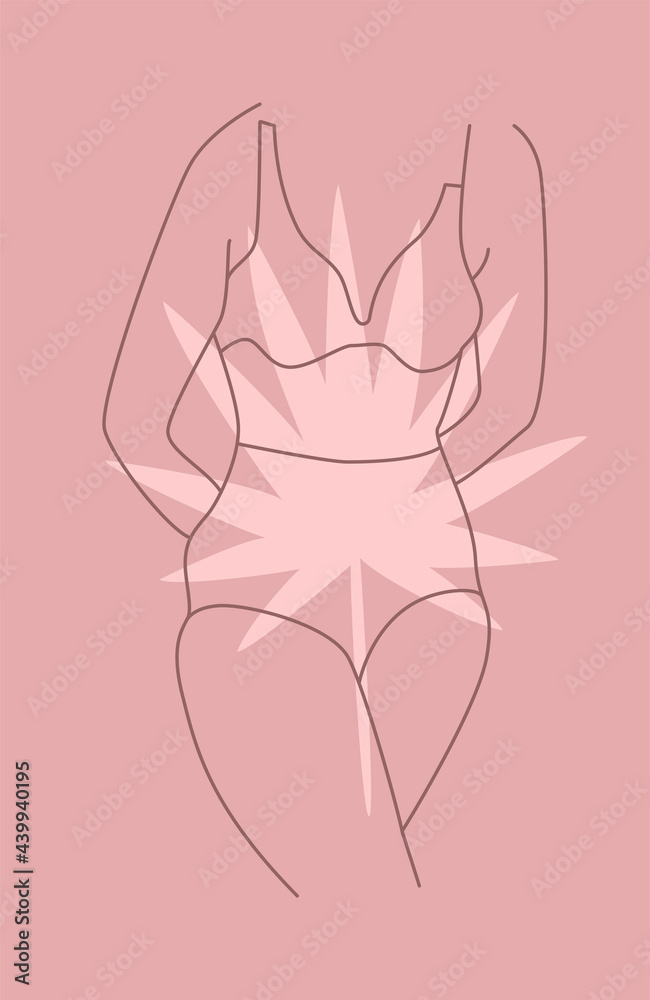 Smooth silhouette of the torso of a female figure. Delicate female forms, linear pattern. Minimalism. Body positive. Tropical leaf on the background. Postcard, logo. Smooth silhouette of the torso of a female figure. Delicate female forms, linear pattern. Minimalism. Body positive. Tropical leaf on the background. Postcard, logo.