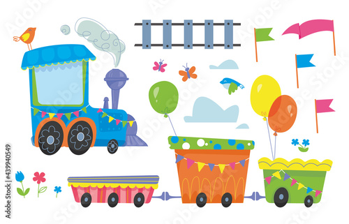 Train, railway and decor for the holiday a large set of elements. Vector illustration in cartoon children s style. Isolated funny clipart on a white background. Cute print steam locomotive collection