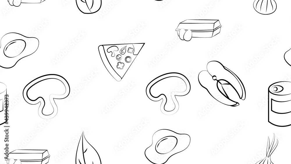 Black and white endless seamless pattern of food and snack items icons set for restaurant bar cafe: egg, mushroom, fish, canned food, onion, pizza, greens. The background