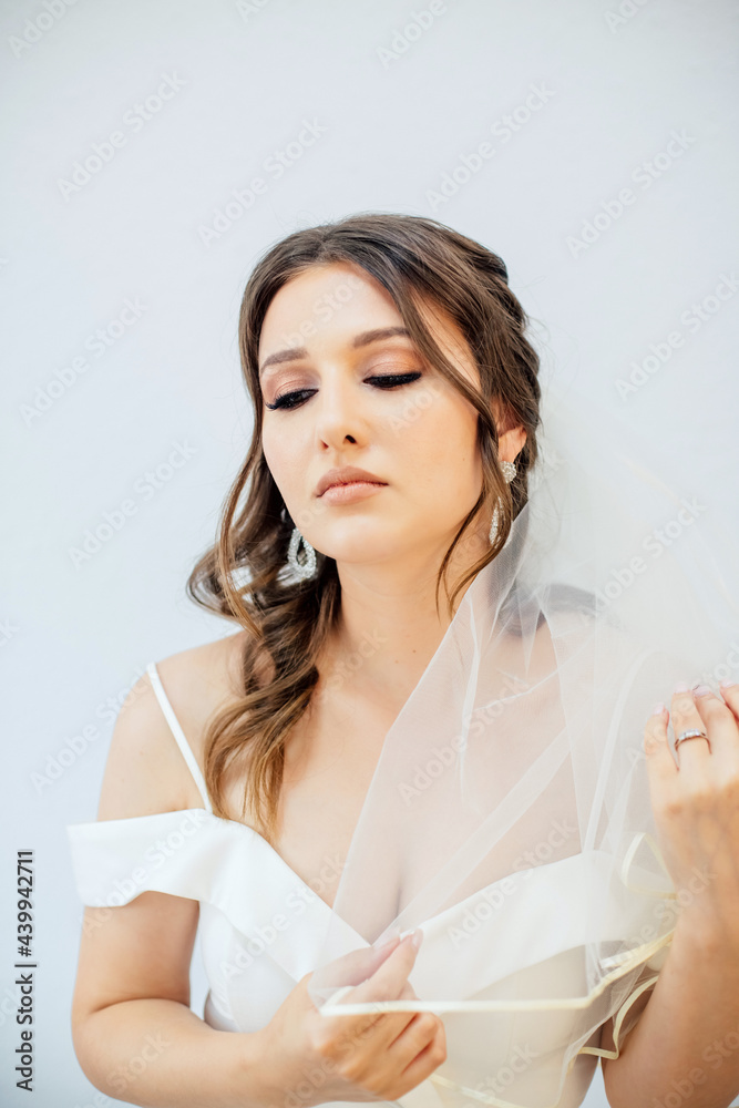 Brunette girl in a wedding dress. Bride in a white dress. Makeup. Brunette girl in a wedding dress. Bride in a white dress. Makeup.