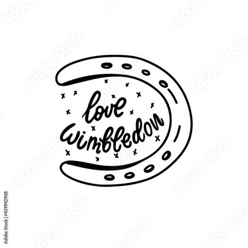 vector logo design, horseshoe emblem with handwritten inscription, hand drawn lettering, black graphics  sign.