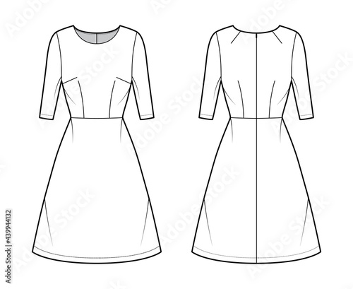 Dress A-line technical fashion illustration with elbow sleeves, fitted body, natural waistline, knee length skirt. Flat apparel front, back, white color style. Women, men unisex CAD mockup