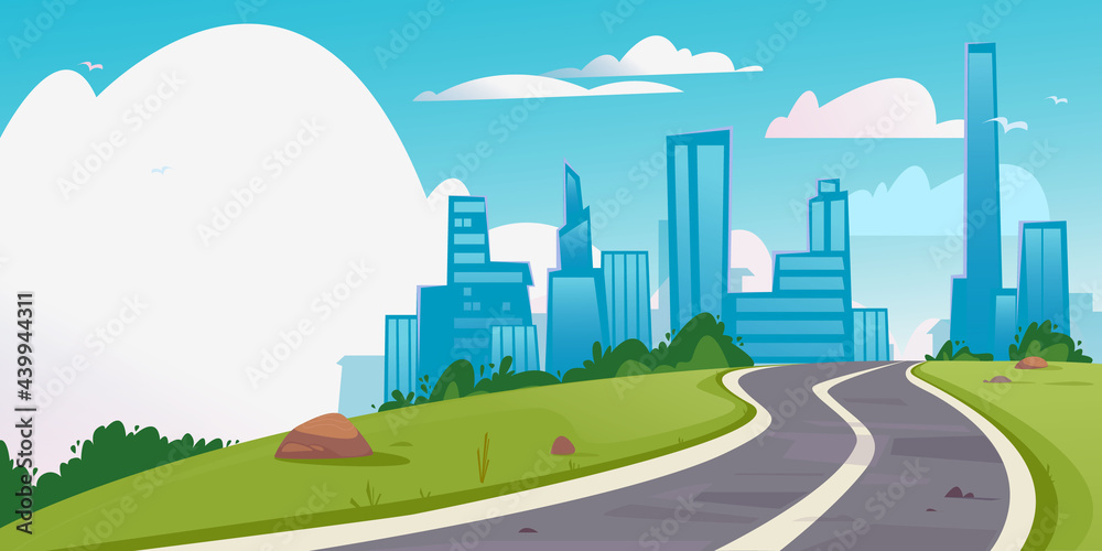 Banner with an asphalt road in the direction of a large city. Place for copy-paste text. Vector of a winding road leading to a big city. High-rise buildings, business center. Cartoon car track