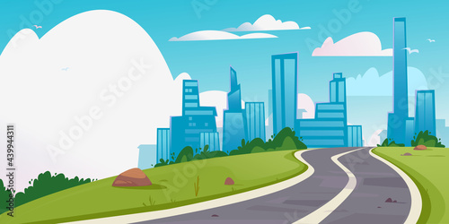 Banner with an asphalt road in the direction of a large city. Place for copy-paste text. Vector of a winding road leading to a big city. High-rise buildings  business center. Cartoon car track