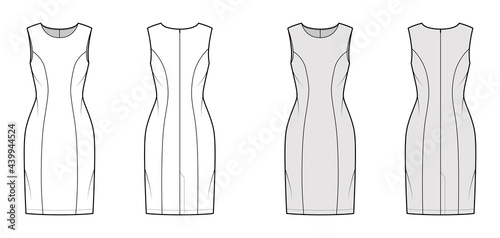 Dress princess line technical fashion illustration with sleeveless, fitted body, knee length pencil skirt. Flat apparel front, back, white, grey color style. Women, men unisex CAD mockup