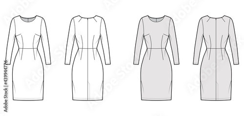 Dress sheath technical fashion illustration with long sleeves, natural waistline, fitted body, knee length pencil skirt. Flat apparel front, back, white, grey color style. Women, men unisex CAD mockup