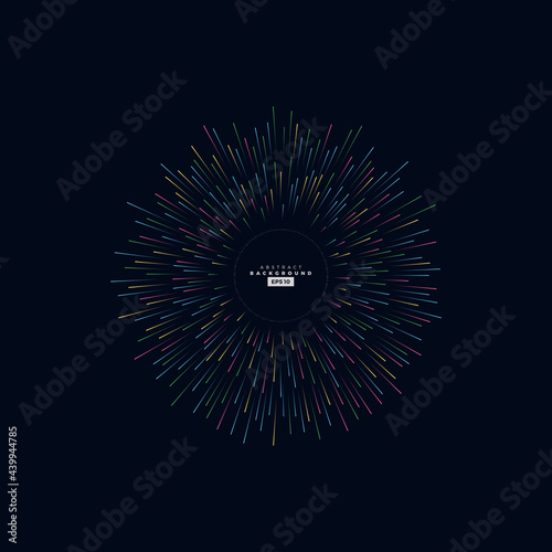 Abstract vector explosion colorful lines equalizer isolated circular element background. Big data algorithms visualization. Vector illustration in concept of science, technology, social network.