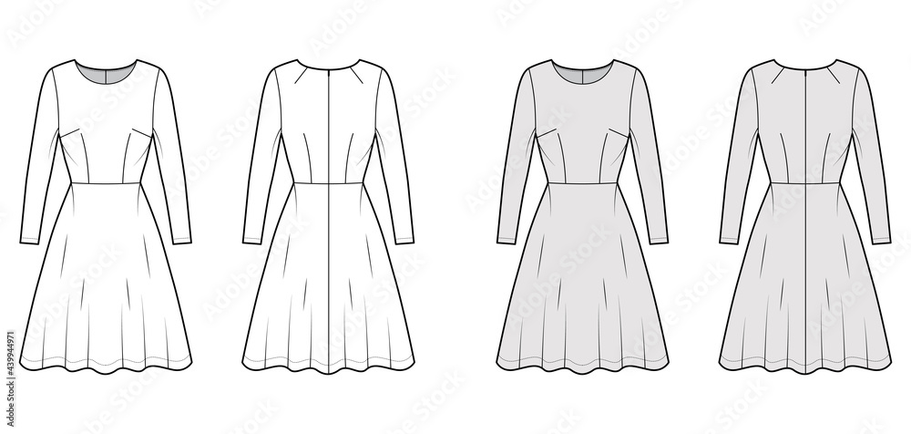 Dress flared skater technical fashion illustration with long sleeves, fitted body, knee length semi-circular skirt. Flat apparel front, back, white, grey color style. Women, men unisex CAD mockup Dress flared skater technical fashion illustration with long sleeves, fitted body, knee length semi-circular skirt. Flat apparel front, back, white, grey color style. Women, men unisex CAD mockup