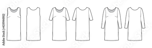 Set of Dresses shift chemise technical fashion illustration with long elbow sleeve sleeveless, oversized body, knee length pencil skirt. Flat apparel front, back white color. Women, unisex CAD mockup