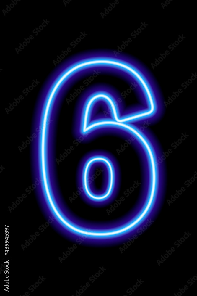 Neon blue number 6 on black background. Serial number, price, place Neon blue number 6 on black background. Serial number, price, place