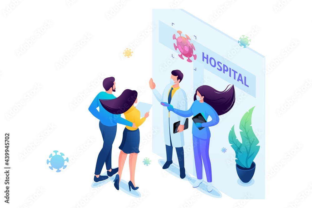 Isometric 3D. Doctors Check The Body Temperature Of Patients At The Entrance To The Hospital. Web Design