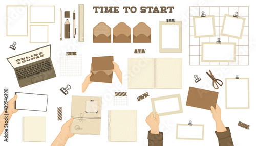 Set of paper and other mockups. Vector isolated illustrations of postcards, hands, envelopes, laptop, notebook, mobile phone, mood board, frames on the wall, pen, pencil, scissors. Top view