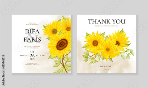 Watercolor sunflower wedding invitation card template