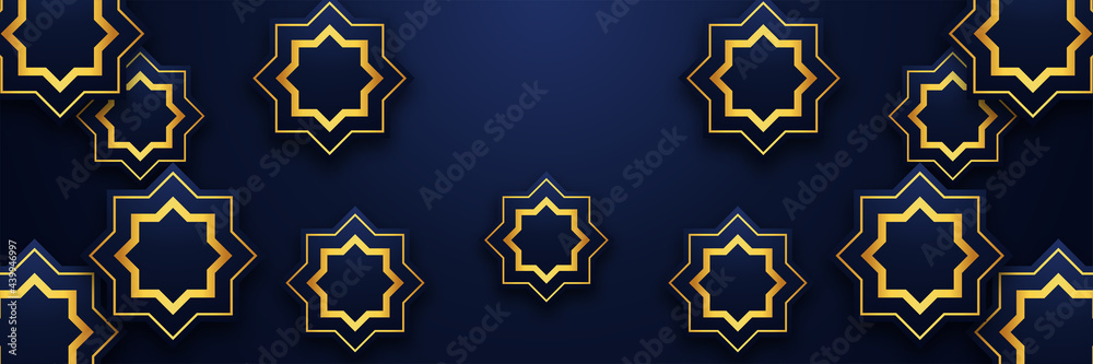 Minimal geometric dark blue shapes gradation banner with gold and orange lines composition . Modern dynamic bright Abstract futuristic bright graphic background poster texture design