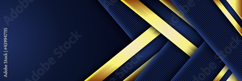 Minimal geometric dark blue shapes gradation banner with gold and orange lines composition . Modern dynamic bright Abstract futuristic bright graphic background poster texture design