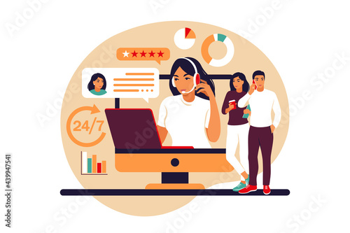 Customer service concept. Woman with headphones and microphone with laptop. Support, assistance, call center. Vector illustration. Flat style