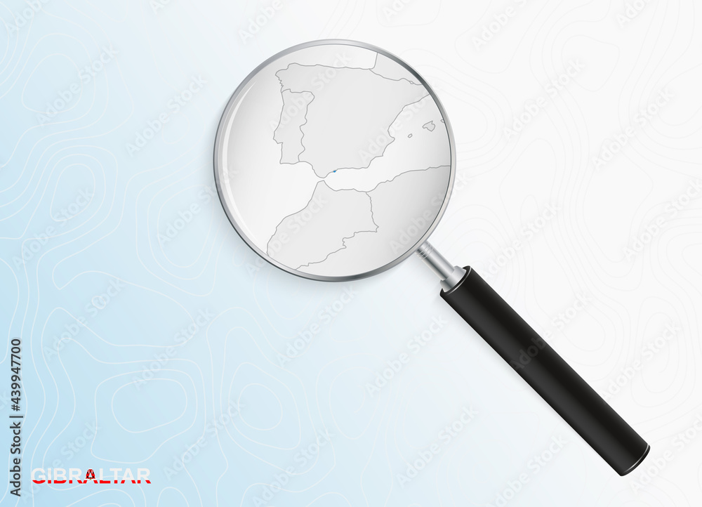 Magnifier with map of Gibraltar on abstract topographic background. Magnifier with map of Gibraltar on abstract topographic background.
