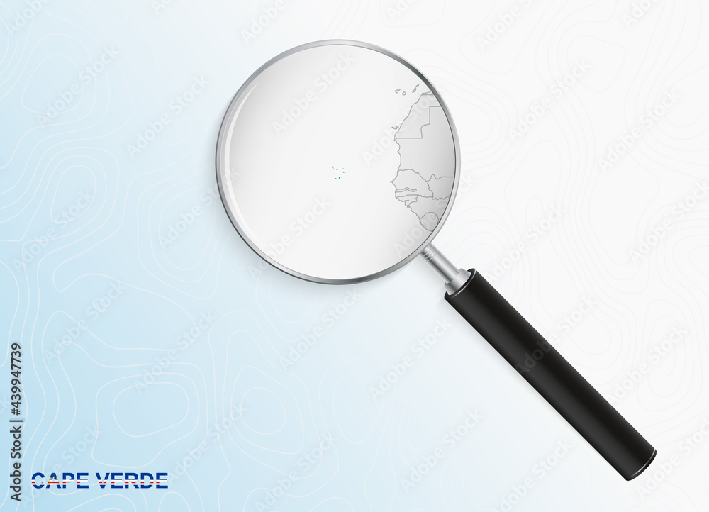 Magnifier with map of Cape Verde on abstract topographic background. Magnifier with map of Cape Verde on abstract topographic background.