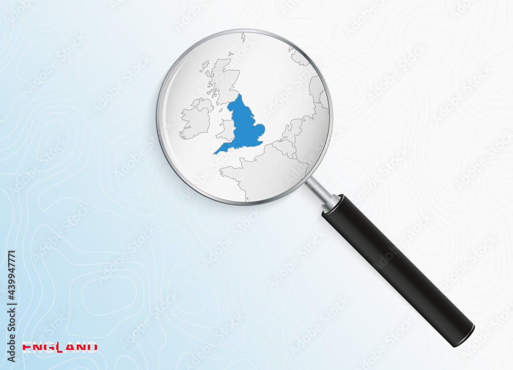 Magnifier with map of England on abstract topographic background. Magnifier with map of England on abstract topographic background.