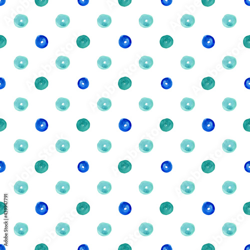 Watercolor pattern of blue and green circles on a white background.