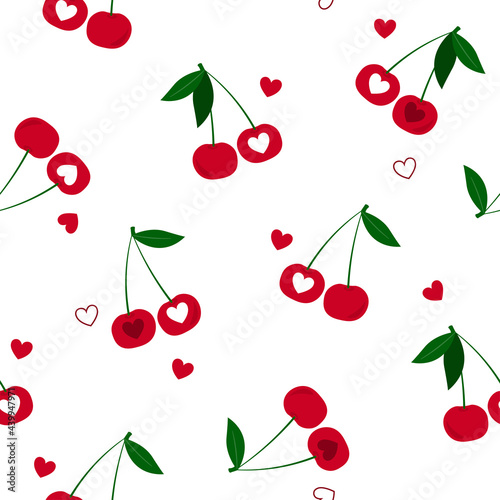 Seamless pattern with red cherries and hearts. Print, ornament for Valentine's Day. The concept of vitamins and the benefits of fruits and berries. Vector graphics.