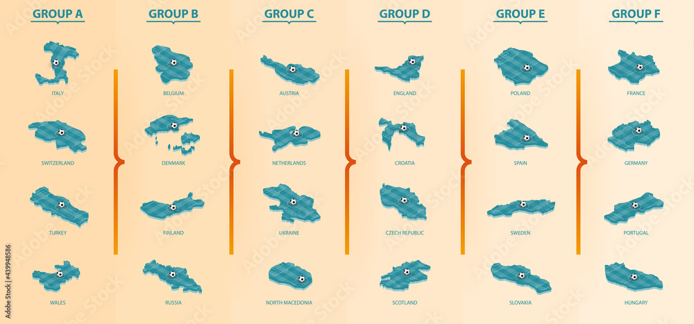 Set of Isometric map with soccer field. Maps of Football competition sorted by group.