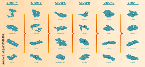Set of Isometric map with soccer field. Maps of Football competition sorted by group.