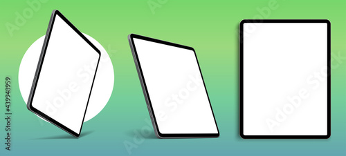 Blank screen realistic tablet frame, rotated position, side view, top view. The tablet is at different angles. Layout of a universal set of devices. UI, UX Template for infographics or presentation. photo