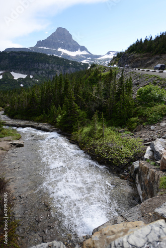 Waterfall and river at Glacier National Park  just off the Going to the Sun Road