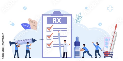 RX medical prescription drug vector illustration concept Medicine prescription with medicines Prescription form Doctor writes signature in recipe Disease therapy pills Painkiller drugs Pharmacy contro