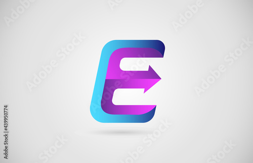 E arrow alphabet letter logo for business and company in blue and pink color. Corporate brading and lettering icon with gradient design