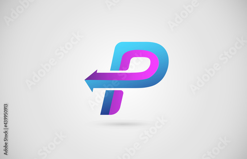 P arrow alphabet letter logo for business and company in blue and pink color. Corporate brading and lettering icon with gradient design