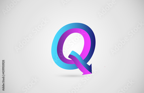 Q arrow alphabet letter logo for business and company in blue and pink color. Corporate brading and lettering icon with gradient design