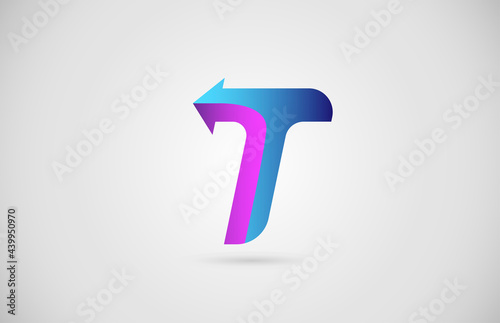 T arrow alphabet letter logo for business and company in blue and pink color. Corporate brading and lettering icon with gradient design