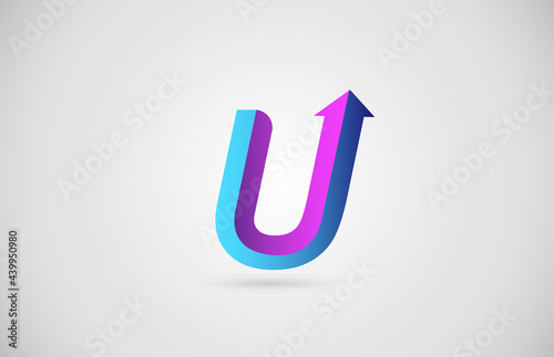 U arrow alphabet letter logo for business and company in blue and pink color. Corporate brading and lettering icon with gradient design