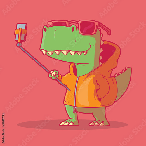 T-Rex character taking selfie vector illustration. Technology, animal, funny, design concept.