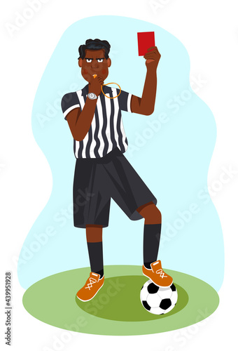 Whistling African American soccer referee showing stopping hand during match, human character vector illustration. Sport cartoon, football arbitrator, whistle icon soccer judge, football coach