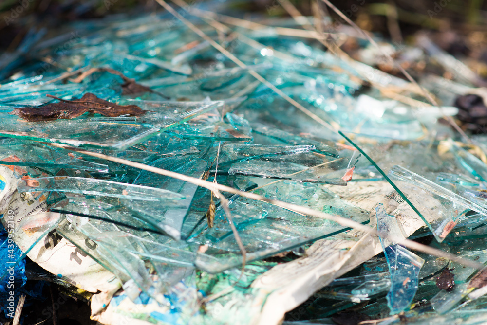 Broken blue glass in the forest dump