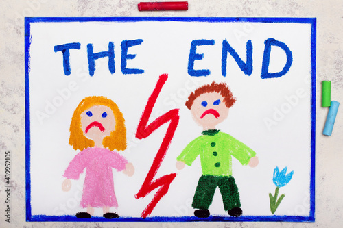 Colorful drawing:  End of a relationship and two sad people, woman and man and word THE END. Break up or divorce.