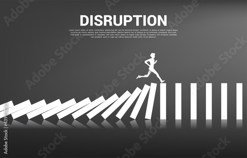 surviving business disruption. Silhouette of businessman running from domino collapse. Concept of business industry disrupt