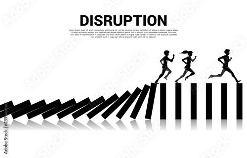 surviving business disruption. Silhouette of businessman and businesswoman running from domino collapse. Concept of business industry disrupt