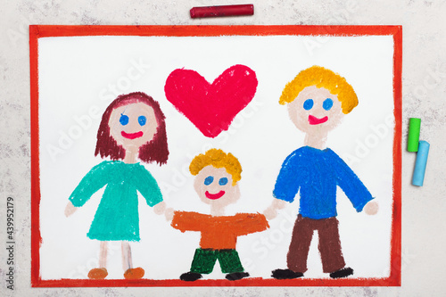 Colorful drawing:  Happy smiling family. Mother, father and their son.