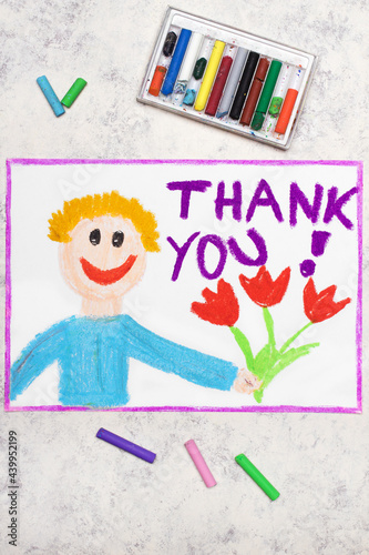 Colorful drawing: Happy man holding a bouquet of flowers. Word THANK YOU